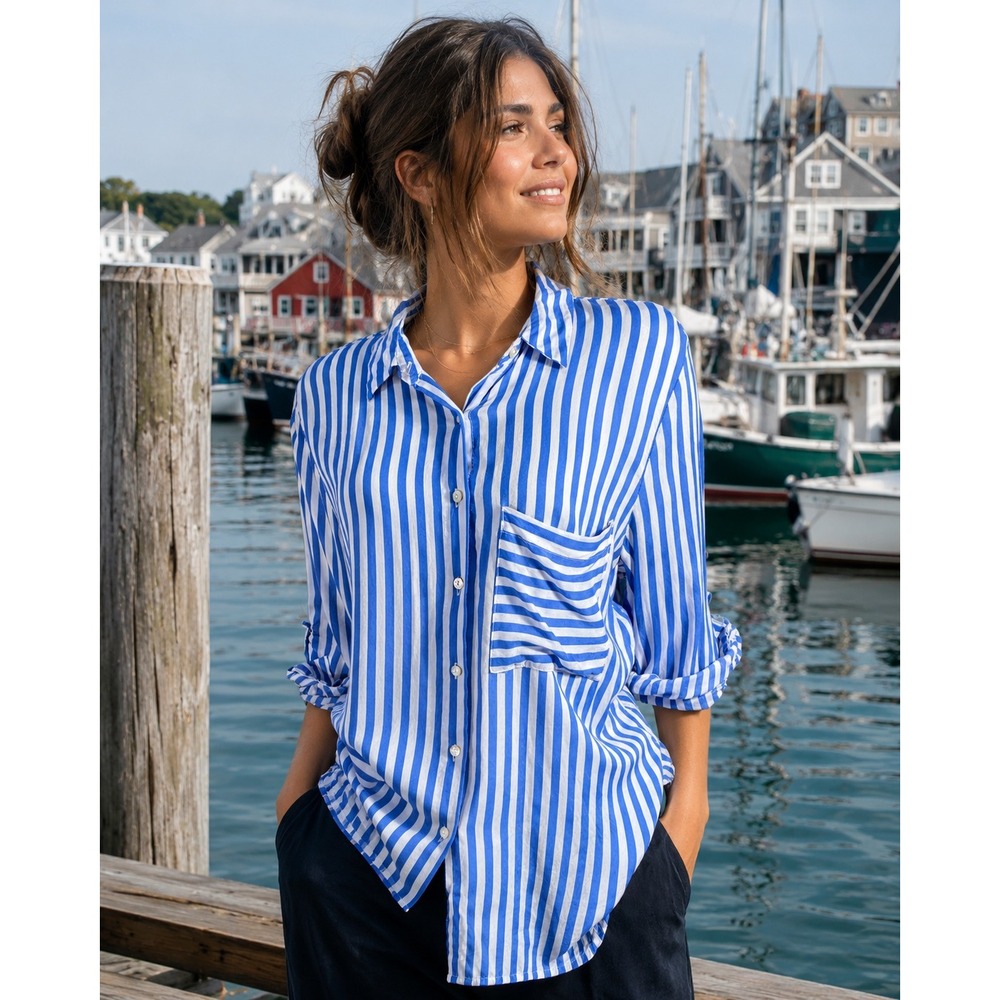 Grand & Greene Blue White Striped Button-Down Shirt Small Roll Tab Lightweight
